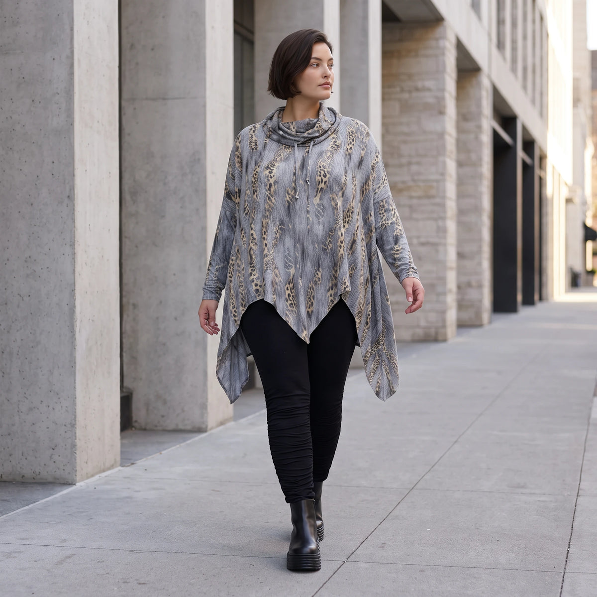 Wintershirt aus Baumwolljersey in A-Linie mit Rollkragen und Tunnelzug kuschelig weich
