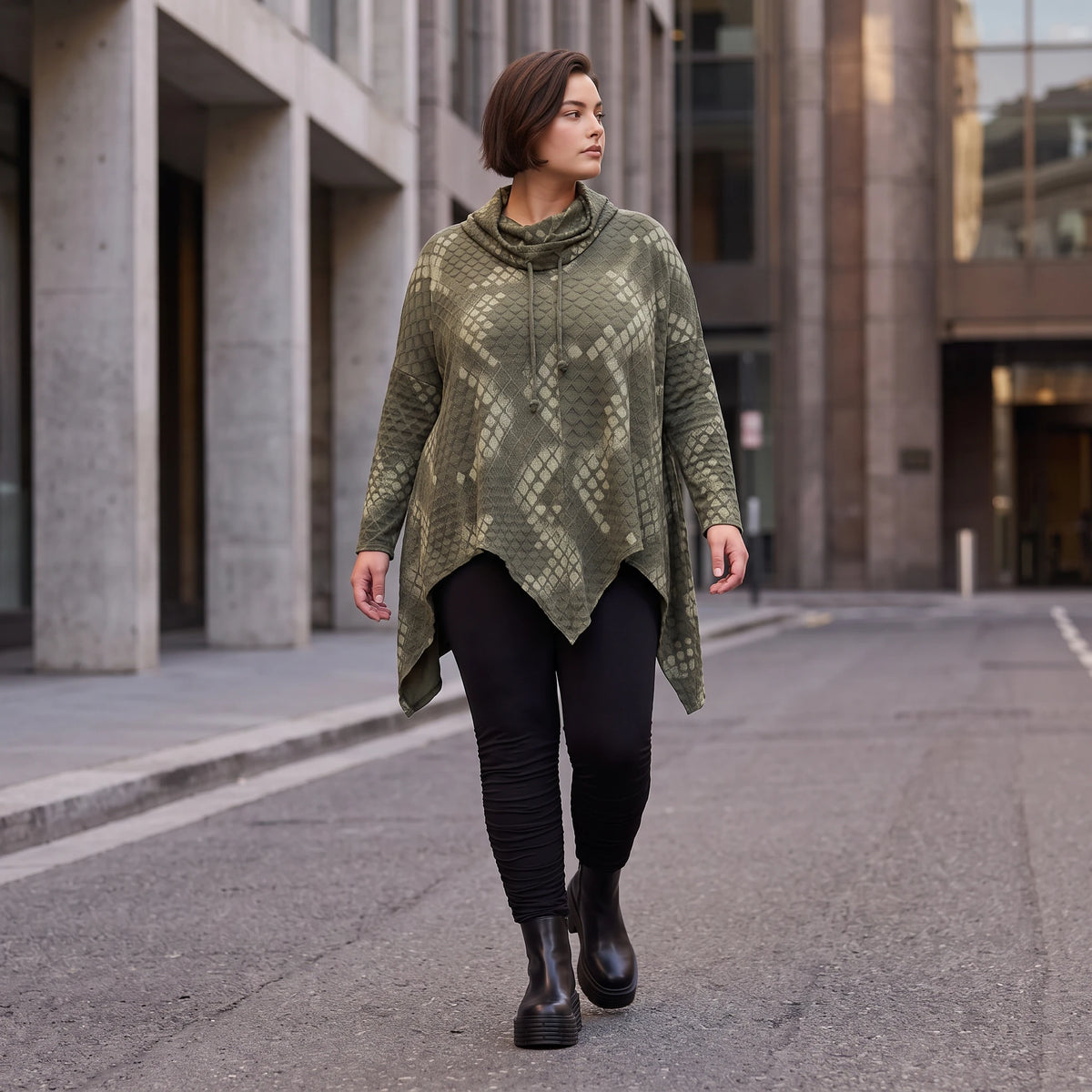 Wintershirt aus Baumwolljersey mit Rollkragen Tunnelzug und Zipfelsaum in A-Linie weich