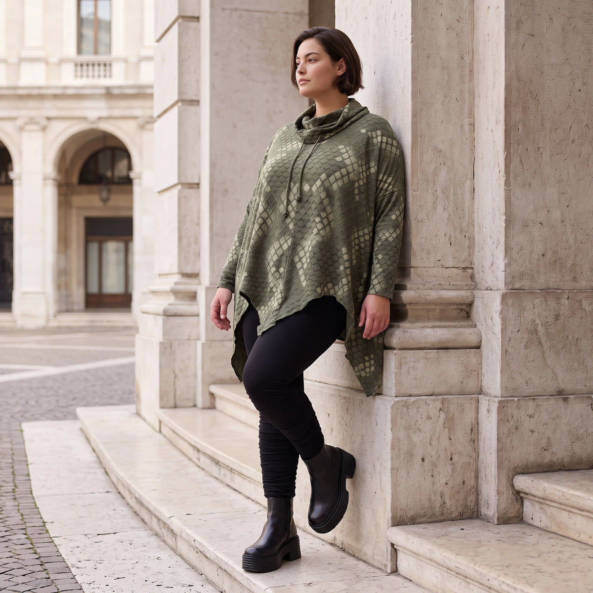 Wintershirt aus Baumwolljersey mit Rollkragen Tunnelzug und Zipfelsaum in A-Linie weich