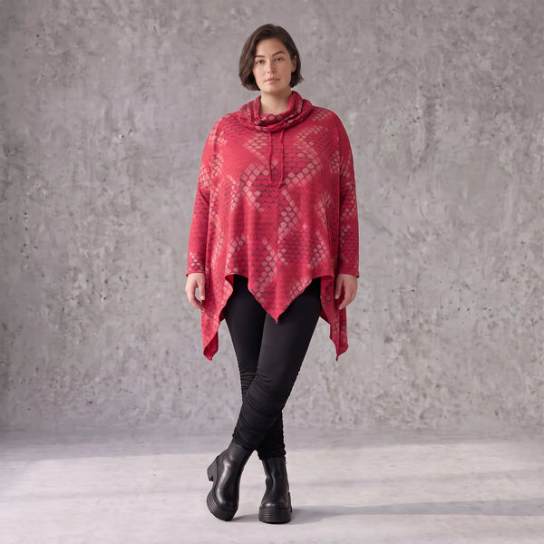 Wintershirt in Rot/Schwarz mit Rollkragen Tunnelzug A-Linie aus Baumwolljersey Zipfelsaum