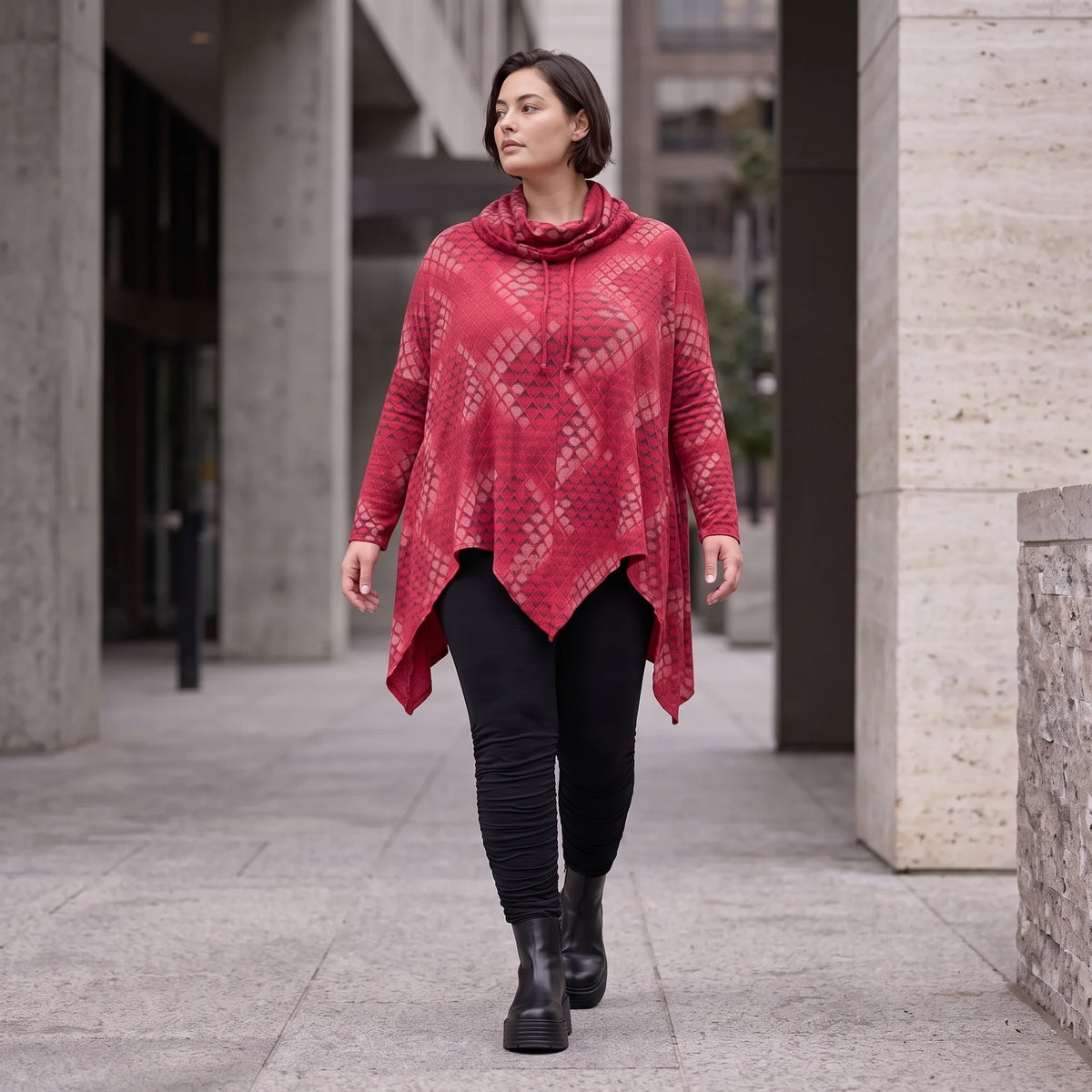 Wintershirt in Rot/Schwarz mit Rollkragen Tunnelzug A-Linie aus Baumwolljersey Zipfelsaum