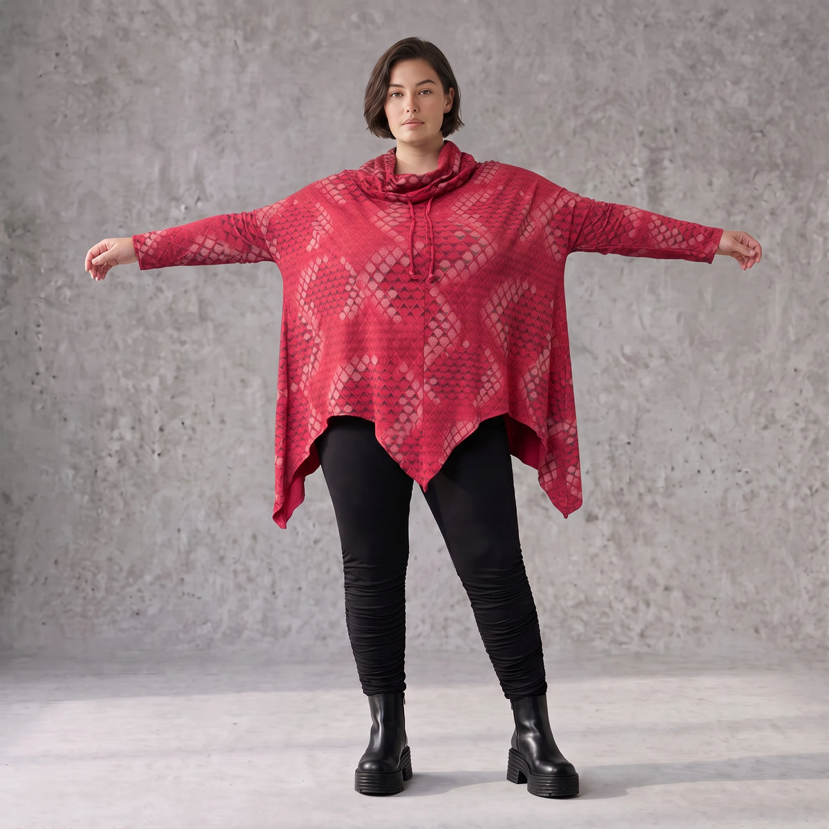 Wintershirt in Rot/Schwarz mit Rollkragen Tunnelzug A-Linie aus Baumwolljersey Zipfelsaum