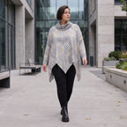 Baumwollshirt in Grau/Beige in A-Linie mit weichem Rollkragen Tunnelzug und Zipfelsaum