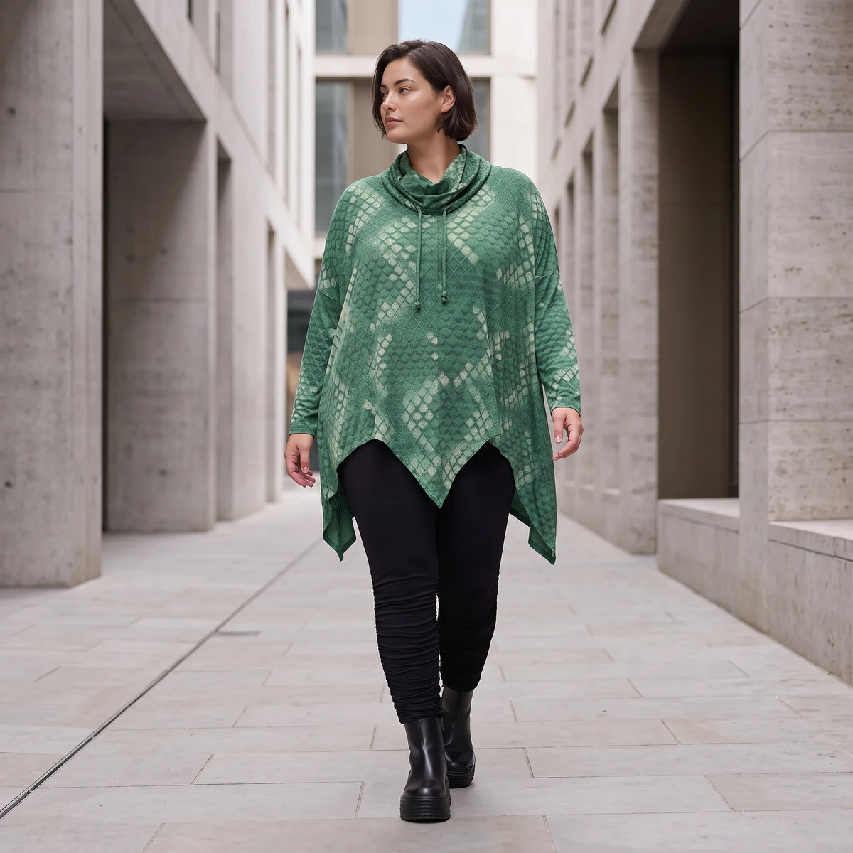 Wintershirt aus weichem Baumwolljersey mit Stretch in A-Linie mit Rollkragen Zipfelsaum