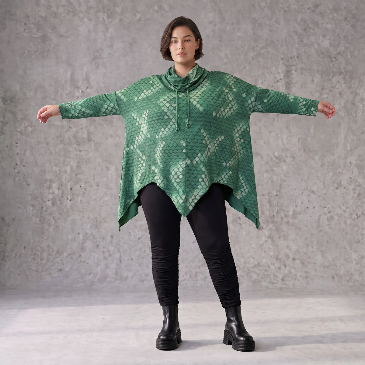 Wintershirt aus weichem Baumwolljersey mit Stretch in A-Linie mit Rollkragen Zipfelsaum