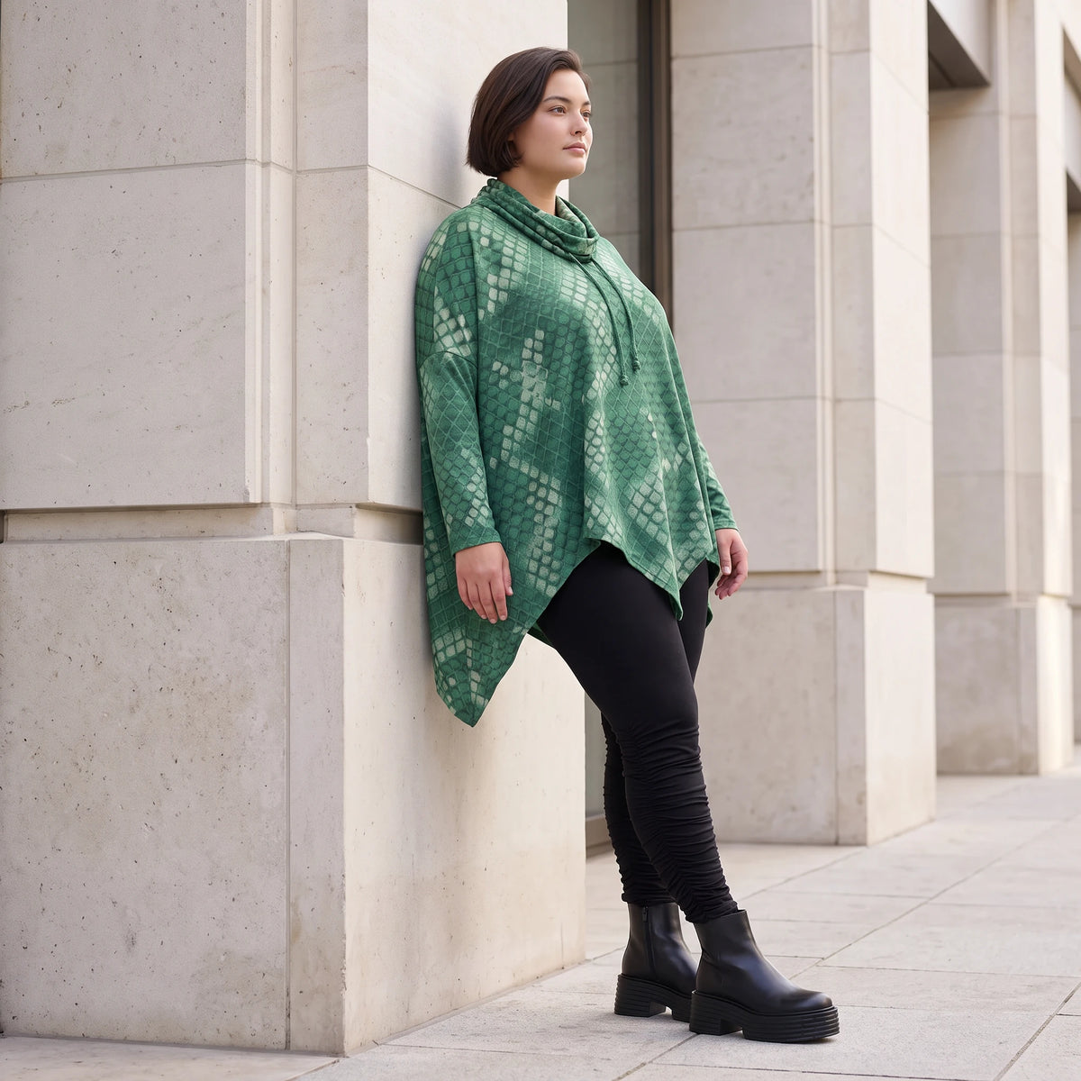 Wintershirt aus weichem Baumwolljersey mit Stretch in A-Linie mit Rollkragen Zipfelsaum