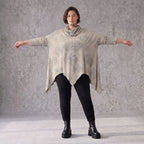Baumwolljersey Langarmshirt in Beige/Grau mit Rollkragen A-Linie und asymmetrischem Saum