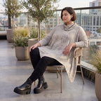 Baumwolljersey Langarmshirt in Beige/Grau mit Rollkragen A-Linie und asymmetrischem Saum
