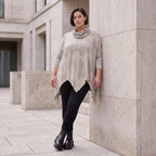 Baumwolljersey Langarmshirt in Beige/Grau mit Rollkragen A-Linie und asymmetrischem Saum
