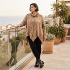 Shirt in A-Linie mit Rollkragen Tunnelzug und Zipfelsaum Beige/Braun aus Baumwolle
