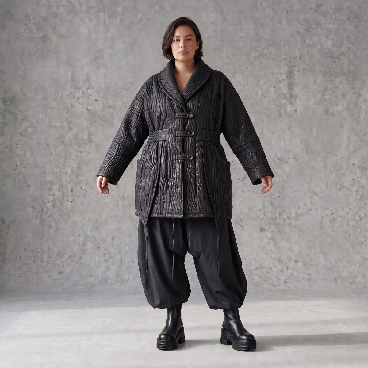 Winterjacke in Lederimitatoptik mit Tunnelzug Hemdkragen Knopfleiste und warmer Haptik