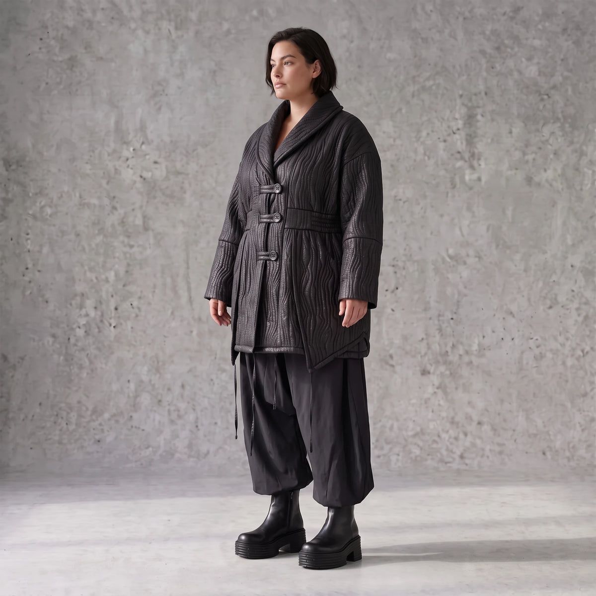 Winterjacke in Lederimitatoptik mit Tunnelzug Hemdkragen Knopfleiste und warmer Haptik