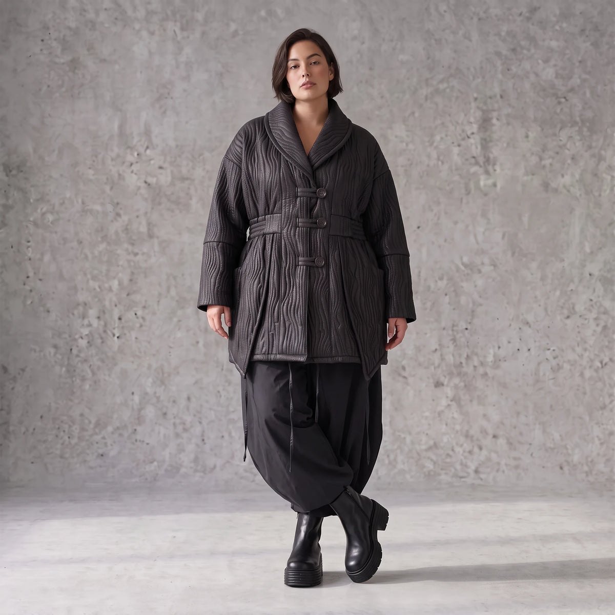 Winterjacke in Lederimitatoptik mit Tunnelzug Hemdkragen Knopfleiste und warmer Haptik