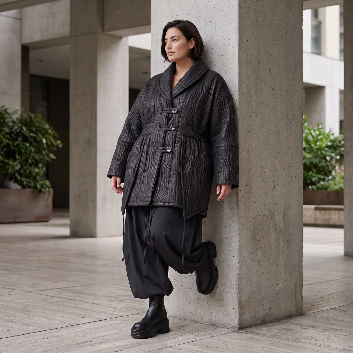 Winterjacke in Lederimitatoptik mit Tunnelzug Hemdkragen Knopfleiste und warmer Haptik