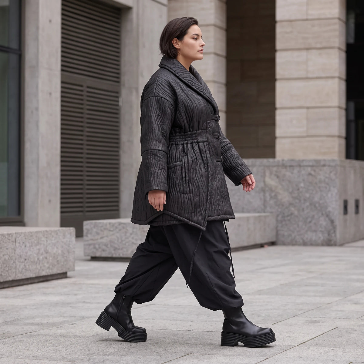 Winterjacke in Lederimitatoptik mit Tunnelzug Hemdkragen Knopfleiste und warmer Haptik