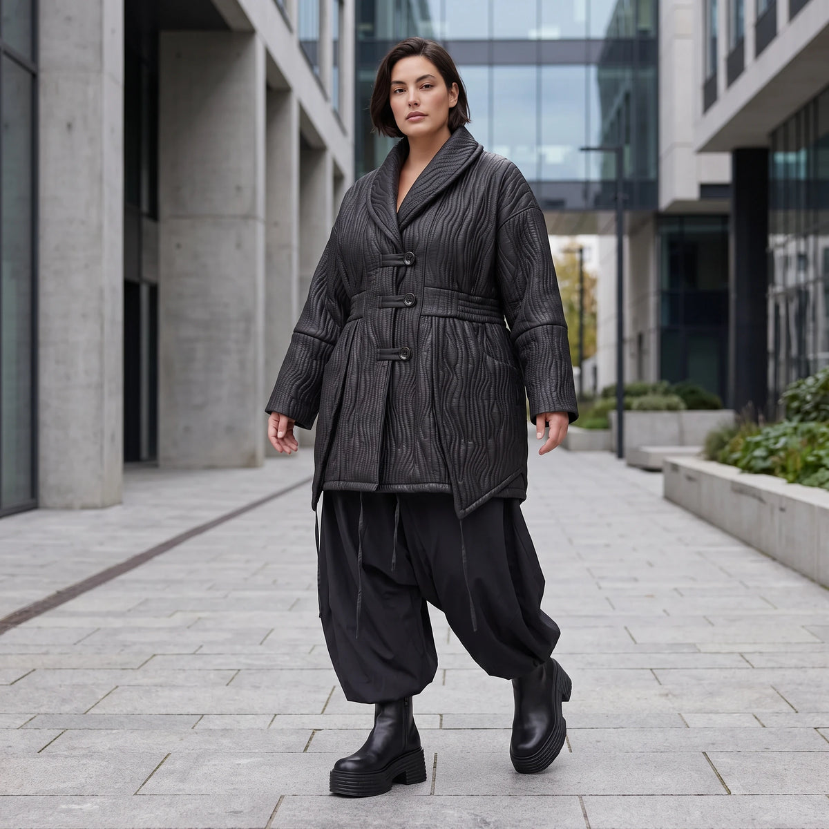Winterjacke in Lederimitatoptik mit Tunnelzug Hemdkragen Knopfleiste und warmer Haptik