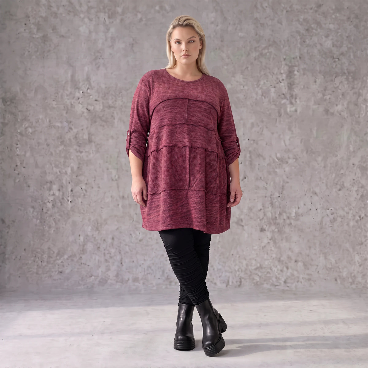 Bordeaux Strickshirt in A-Linie mit Stretch und Faltennaht Musterung weich winterlich