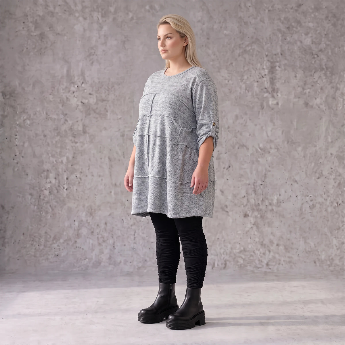 Silbernes Strickshirt in A-Linie aus weichem Stretchstoff warmes Basic für den Winter