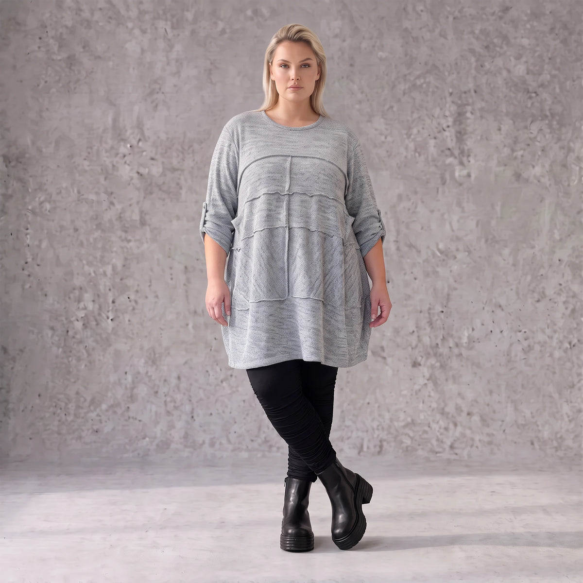 Silbernes Strickshirt in A-Linie aus weichem Stretchstoff warmes Basic für den Winter