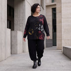 Langarmshirt aus Viskosejersey in Schwarz/Rosa mit geradem Schnitt und Stretchkomfort