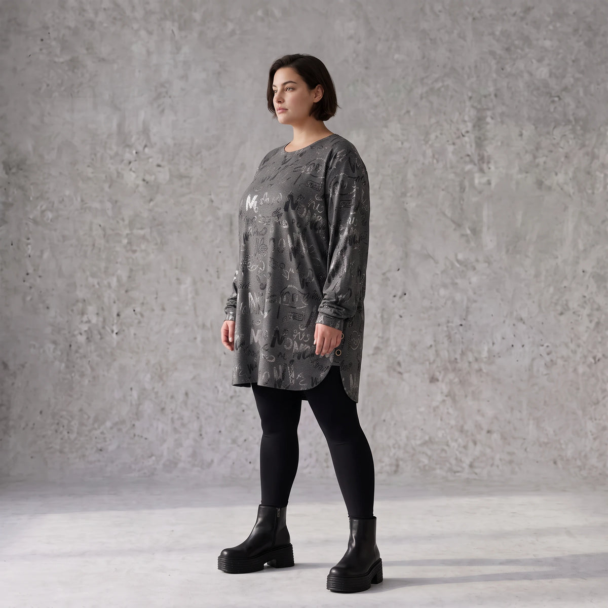 Milano Strickkleid in Grau/Schwarz mit Rundhalsausschnitt aus feiner Stretchqualität