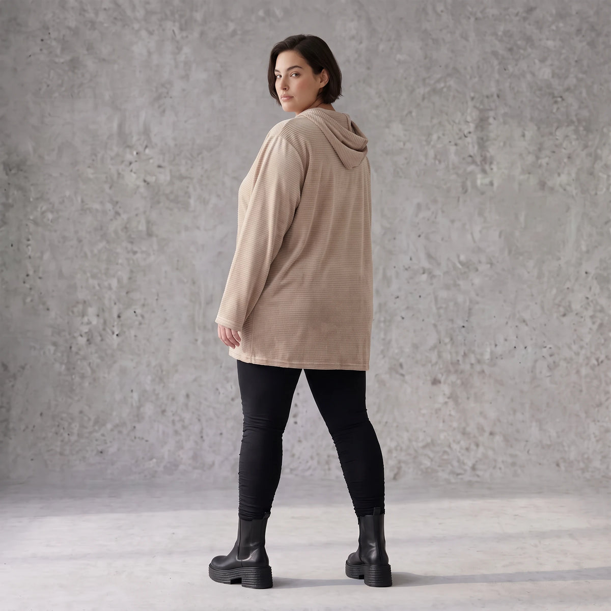Beiger Ribb Hoodie mit Kapuze geradem Schnitt und Elasthan weiches Basic für den Alltag