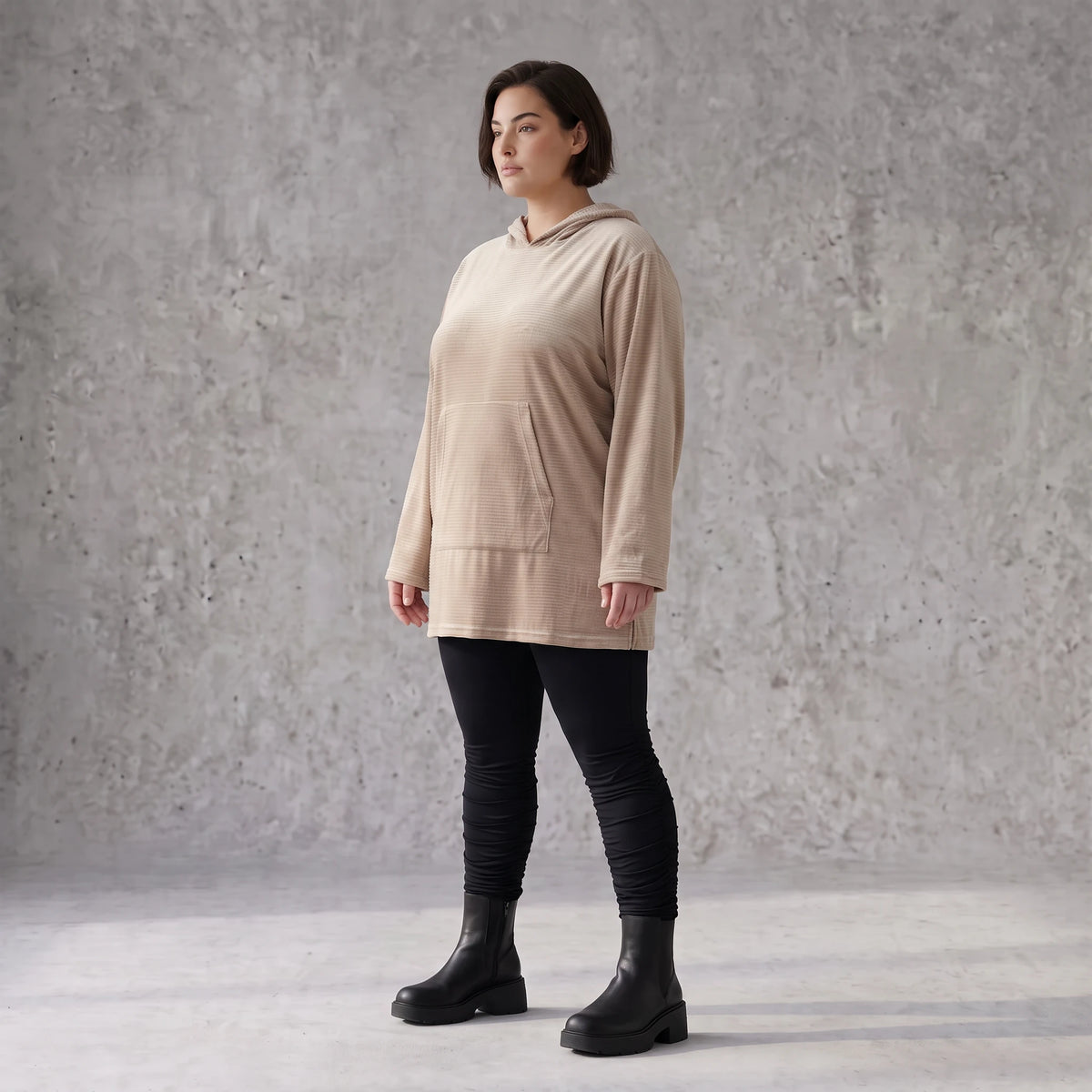 Beiger Ribb Hoodie mit Kapuze geradem Schnitt und Elasthan weiches Basic für den Alltag