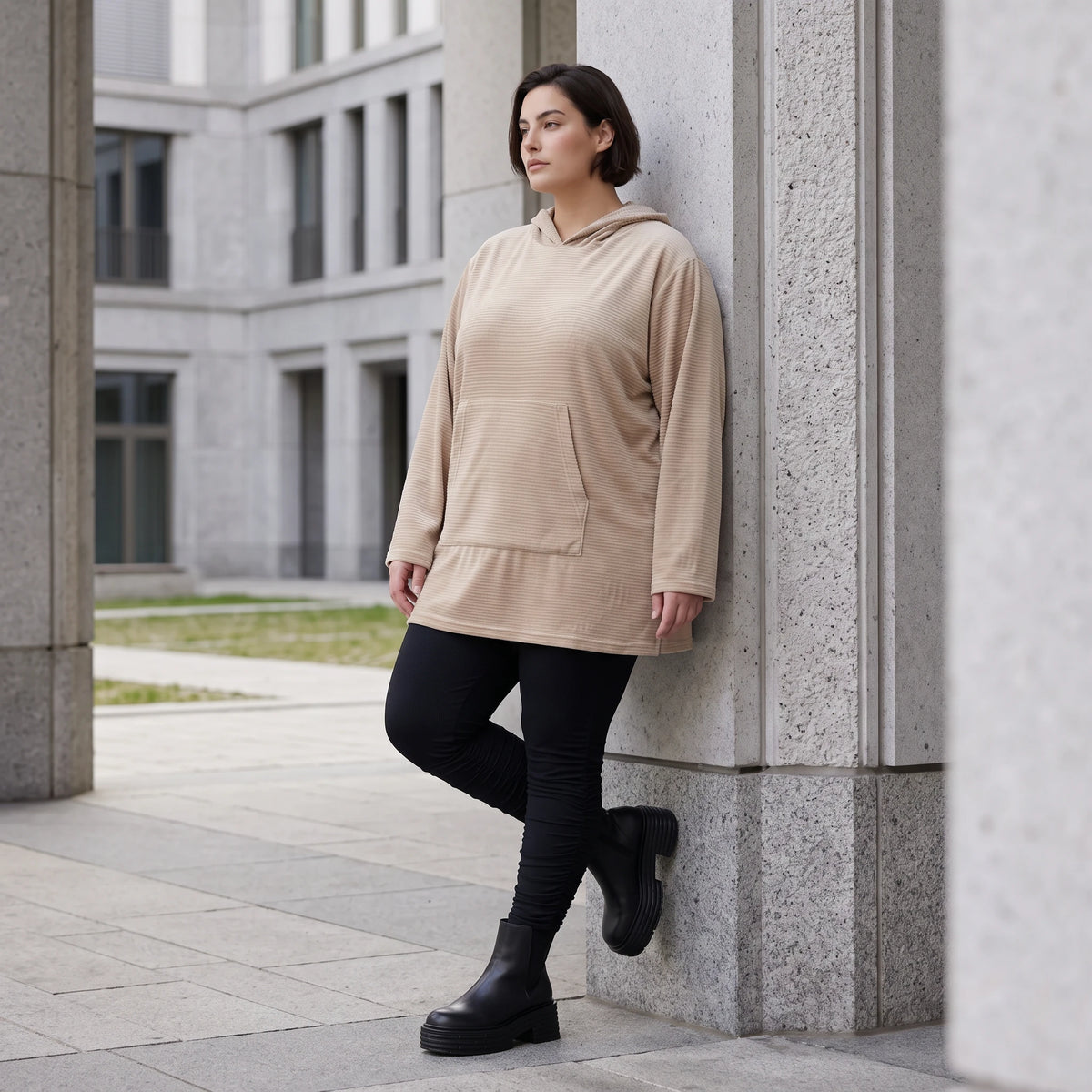 Beiger Ribb Hoodie mit Kapuze geradem Schnitt und Elasthan weiches Basic für den Alltag
