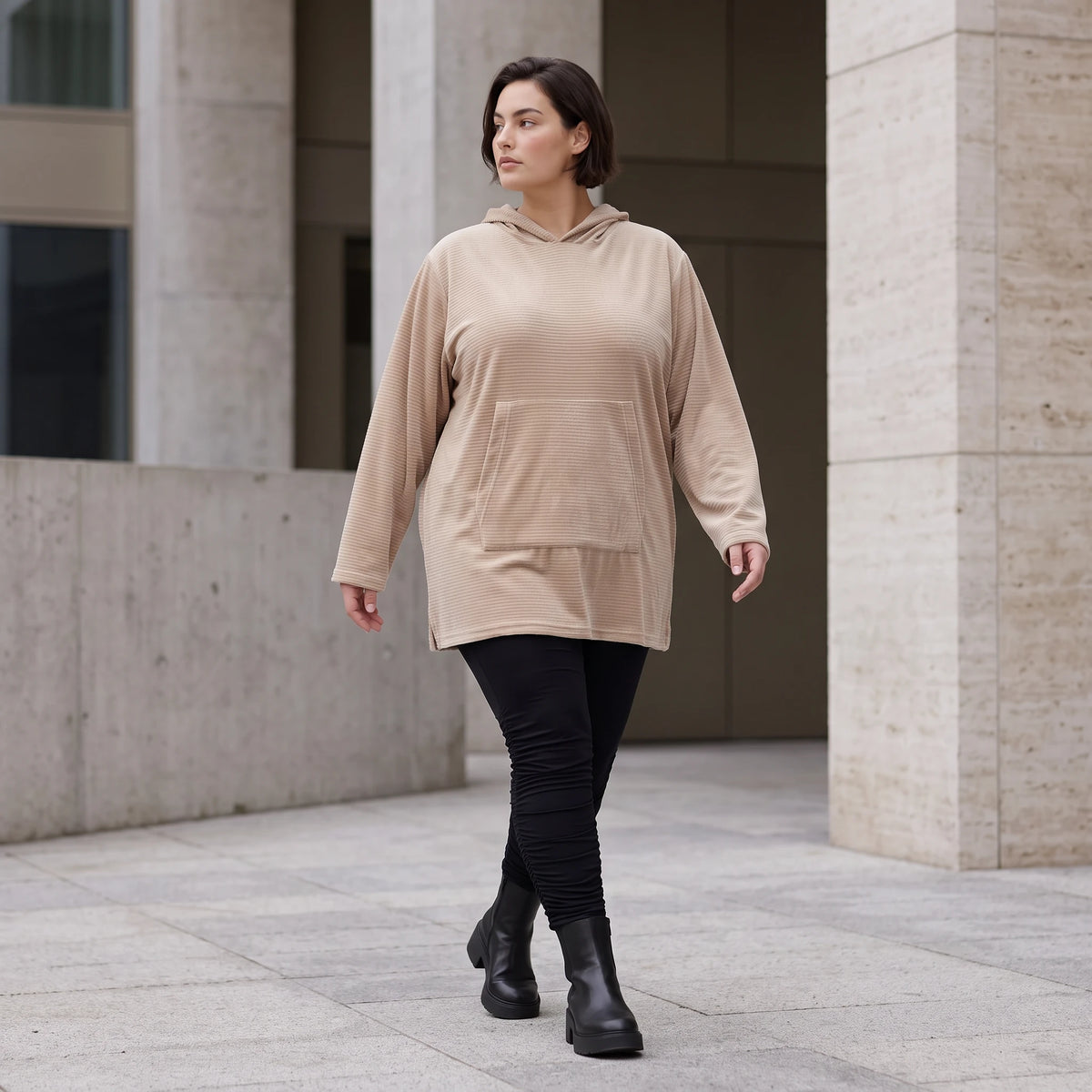 Beiger Ribb Hoodie mit Kapuze geradem Schnitt und Elasthan weiches Basic für den Alltag