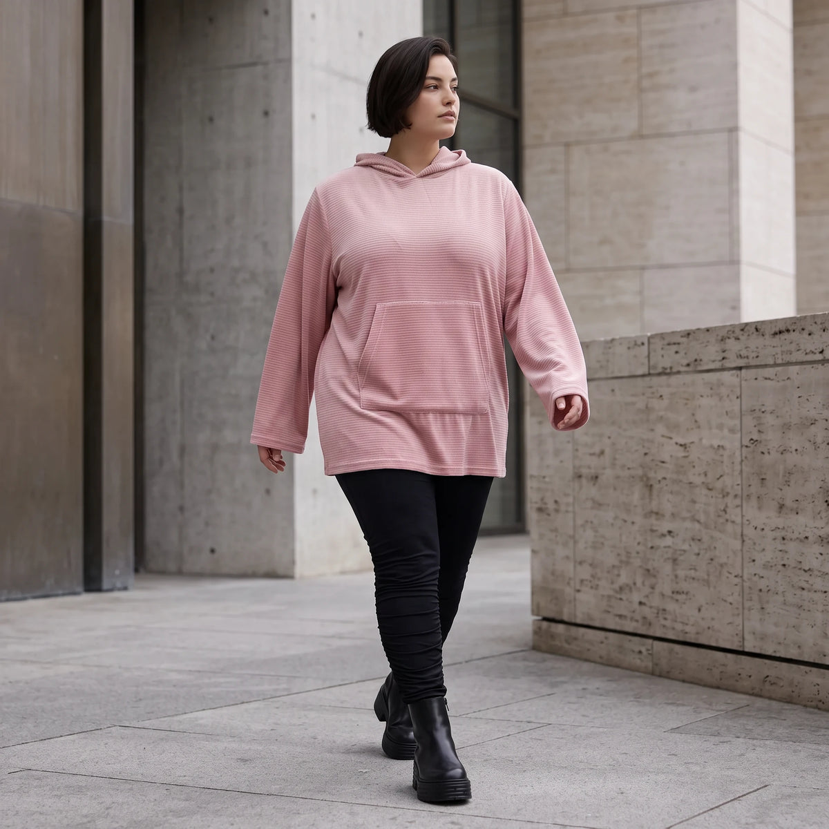 Rosa Ripp Hoodie mit Kapuze Kängurutasche und Stretch mit gerader bequemer Passform