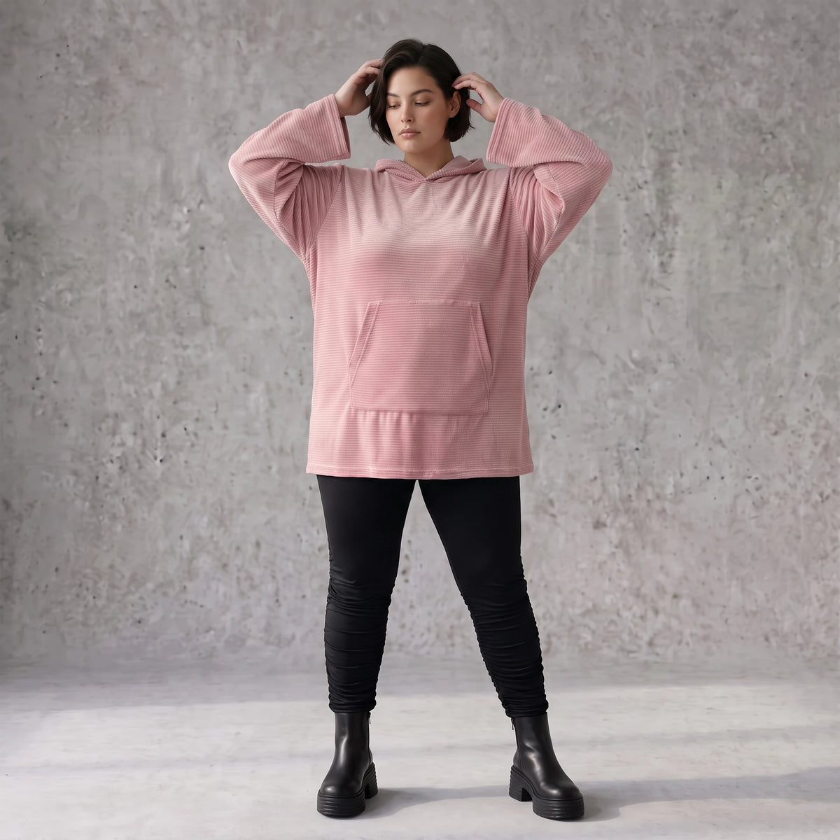Rosa Ripp Hoodie mit Kapuze Kängurutasche und Stretch mit gerader bequemer Passform