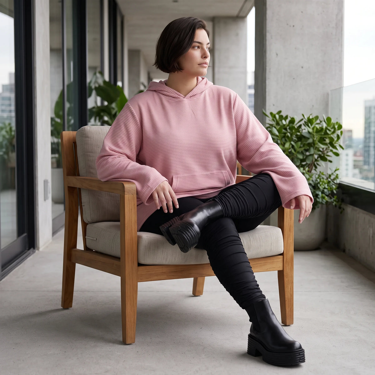 Rosa Ripp Hoodie mit Kapuze Kängurutasche und Stretch mit gerader bequemer Passform