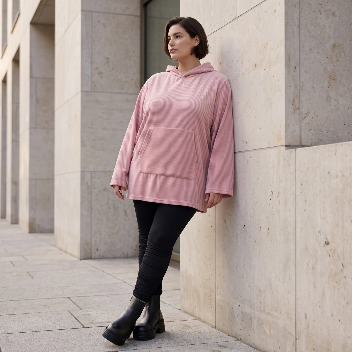 Rosa Ripp Hoodie mit Kapuze Kängurutasche und Stretch mit gerader bequemer Passform