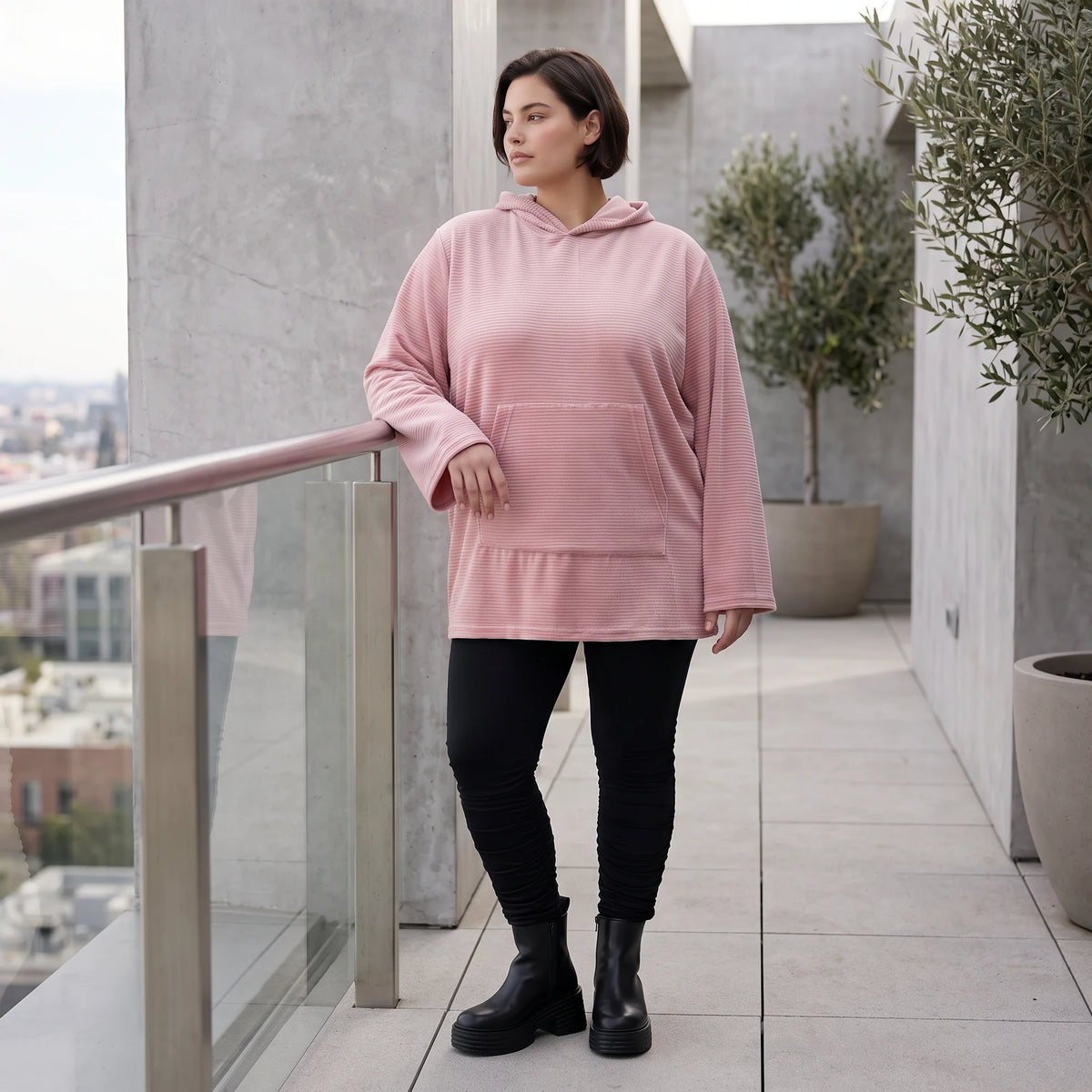 Rosa Ripp Hoodie mit Kapuze Kängurutasche und Stretch mit gerader bequemer Passform