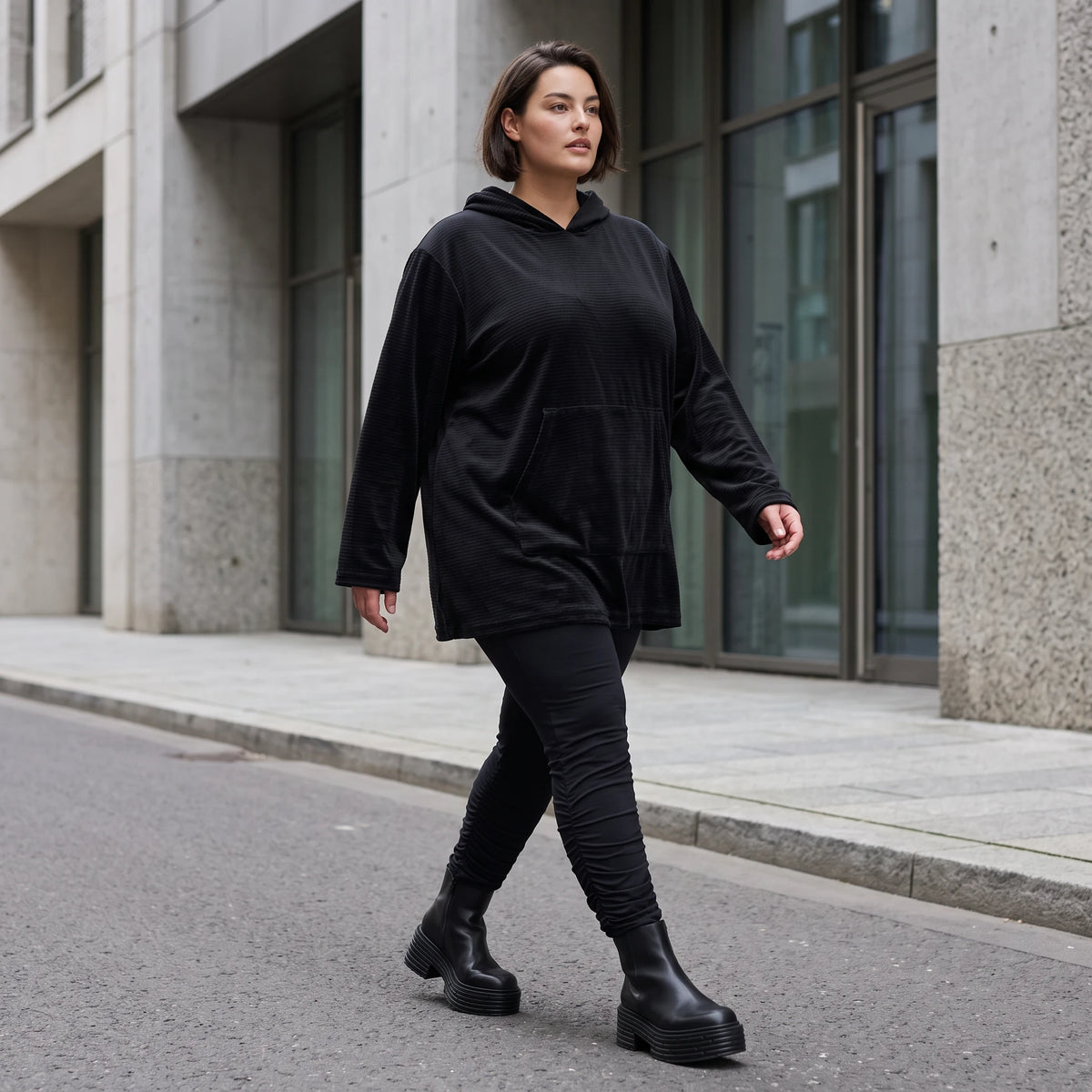 Schwarzer Hoodie aus Rippstoff mit Kapuze Kängurutasche und geradem Schnitt mit Stretch