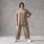 Camel Langarmshirt aus weichem Slinkystoff mit Stretch in Glockenform und Rundhals