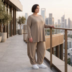 Camel Langarmshirt aus weichem Slinkystoff mit Stretch in Glockenform und Rundhals