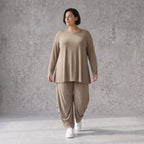 Camel Langarmshirt aus weichem Slinkystoff mit Stretch in Glockenform und Rundhals