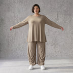 Camel Langarmshirt aus weichem Slinkystoff mit Stretch in Glockenform und Rundhals