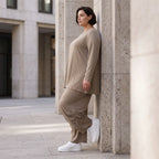 Camel Langarmshirt aus weichem Slinkystoff mit Stretch in Glockenform und Rundhals
