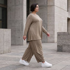 Camel Langarmshirt aus weichem Slinkystoff mit Stretch in Glockenform und Rundhals