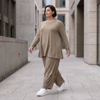 Camel Langarmshirt aus weichem Slinkystoff mit Stretch in Glockenform und Rundhals