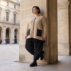 Beige Strickjacke Glockenform mit Reißverschluss Taschen Stretch und Rundhalsausschnitt