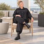 Schwarze Denimballonhose mit Stretch und bequemem Schlupfbund in weiter Passform