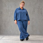 Jeansblaue Ballonhose aus Stretchdenim mit Dehnbund aus Baumwolle und Elasthan Basic