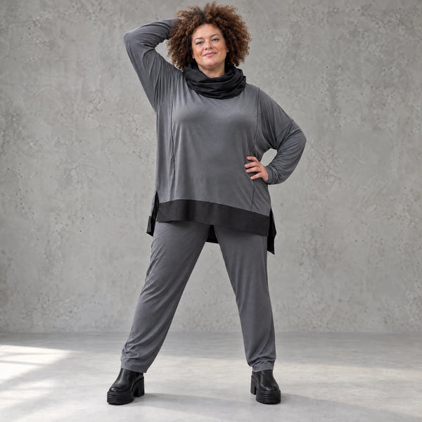 Graue Karottenleggings aus Jersey mit Stretch und Elastikbund weich und bequem warm