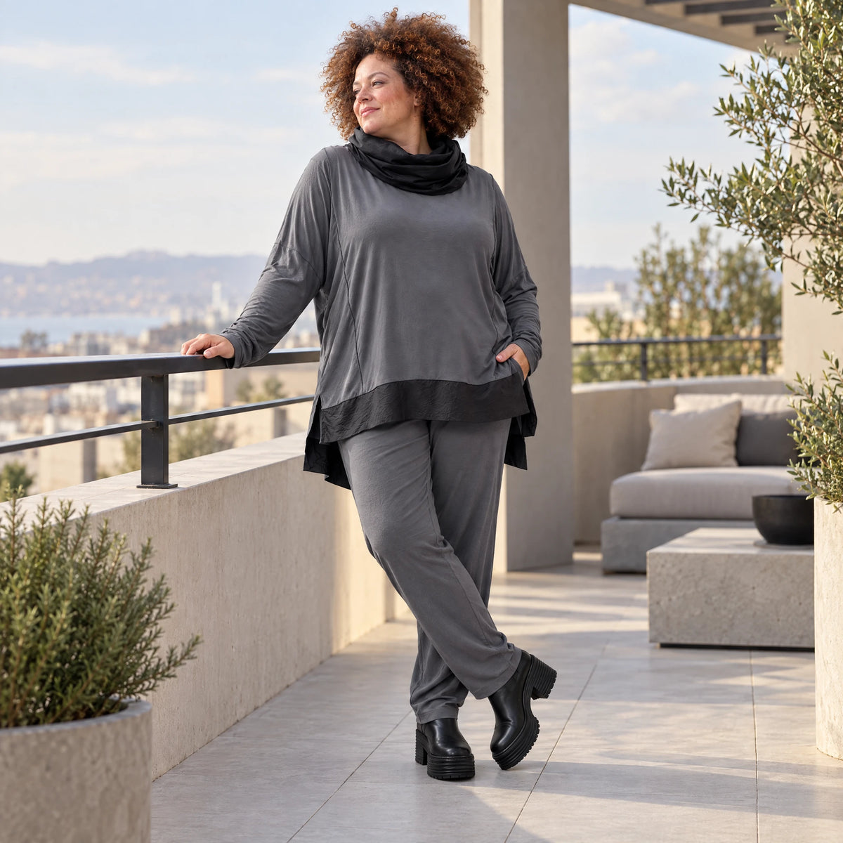 Graue Karottenleggings aus Jersey mit Stretch und Elastikbund weich und bequem warm