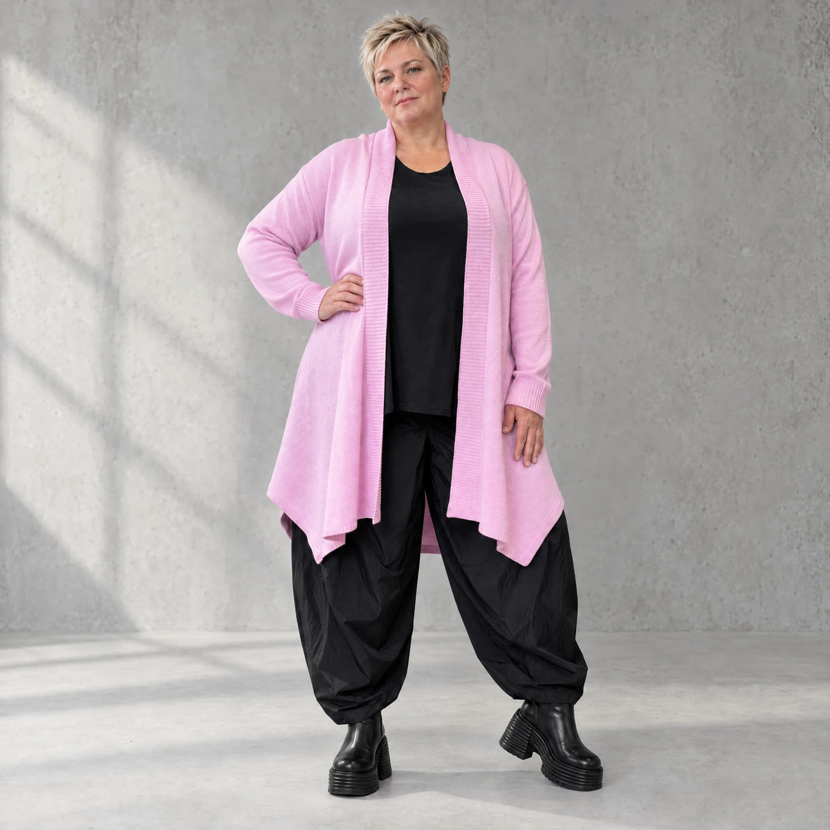 Offener Baumwollstrickcardigan in A-Linie weich warm mit Glockenform ohne Verschluss