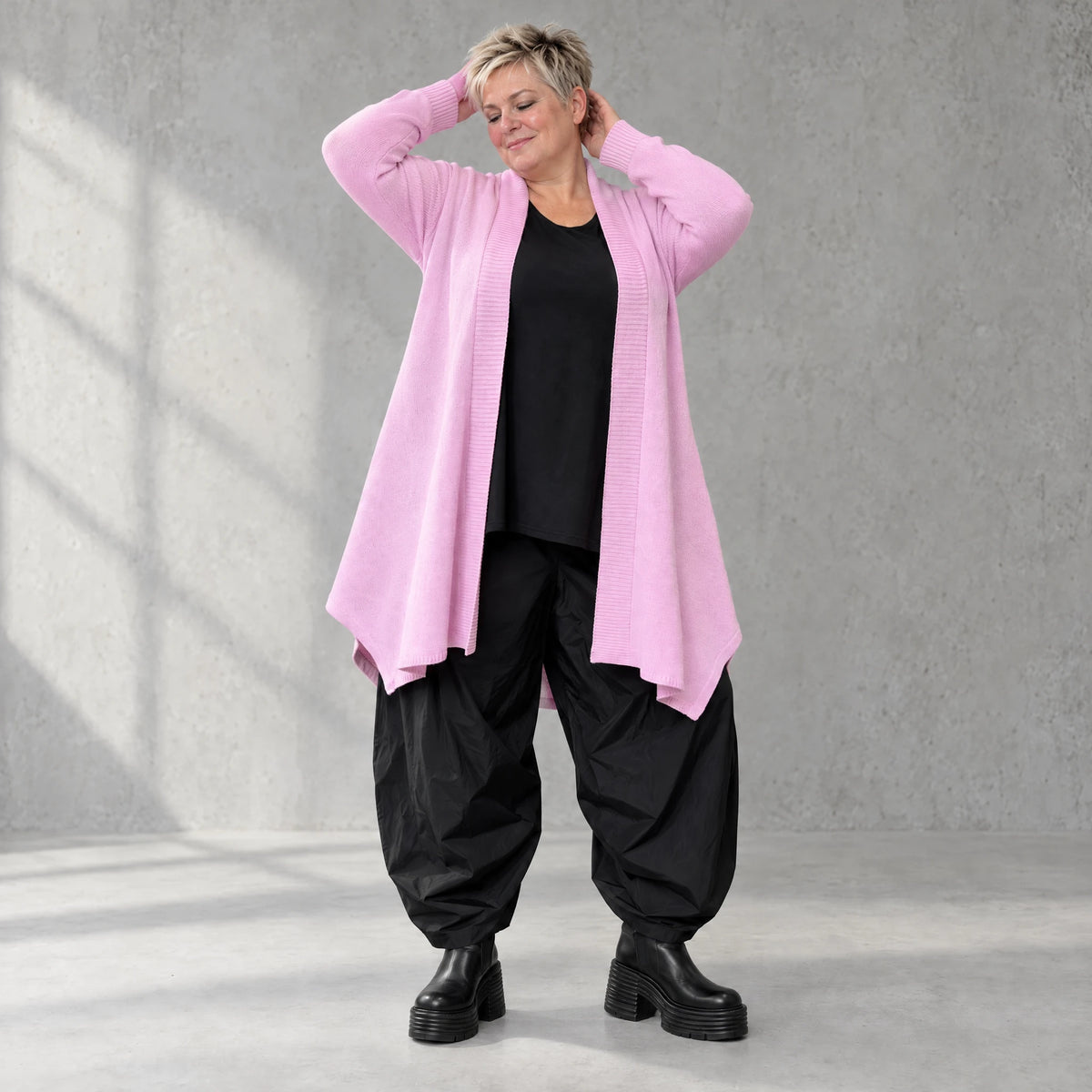 Offener Baumwollstrickcardigan in A-Linie weich warm mit Glockenform ohne Verschluss