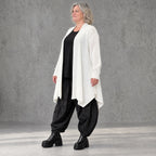 Creme Strickcardigan aus Baumwolle mit Stehkragen Taschen und A-Linie in Glockenform